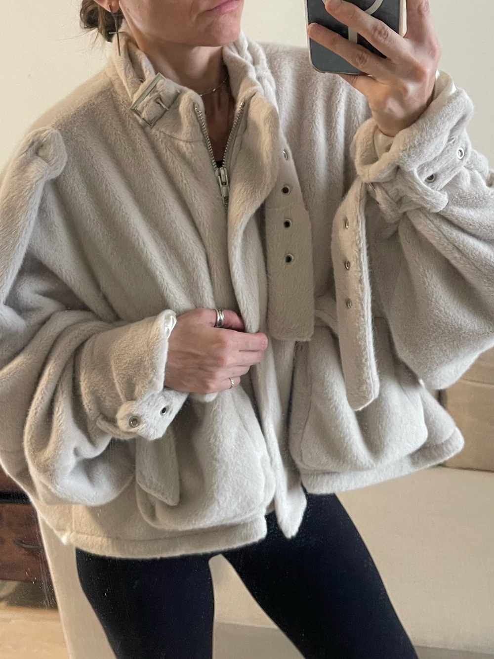 RUVE London Faux Fur Teddy Cropped Moto Cargo Jacket Buckle Collar Cream OS